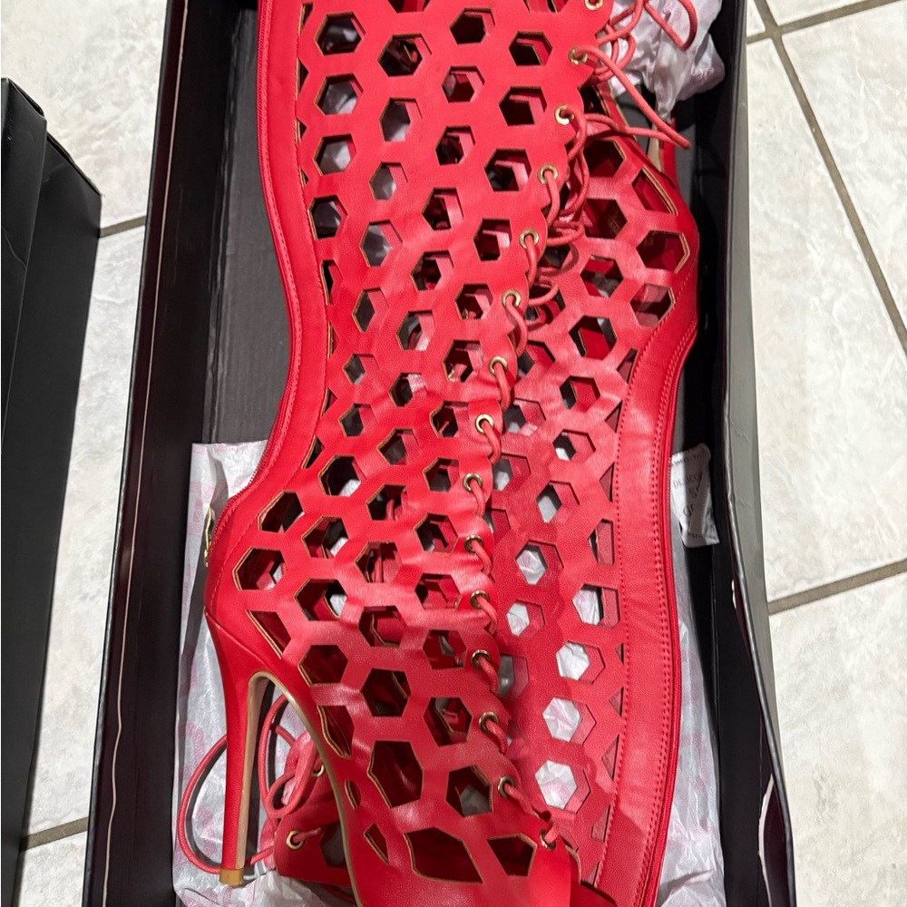 Red Lace-Up Cutout Heels